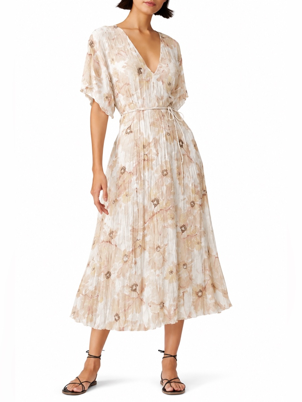VINCE Painted Magnolia V-Neck Dress in Cream and Light Brown
